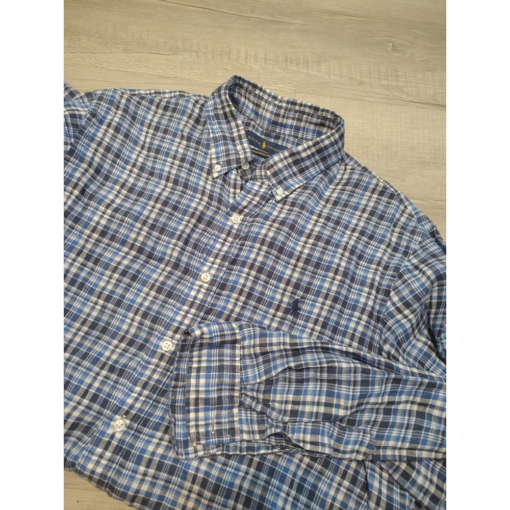 Polo Ralph‎ Lauren Linen Blue Plaid Button Shirt Long Sleeve Mens XL Ocean Wash